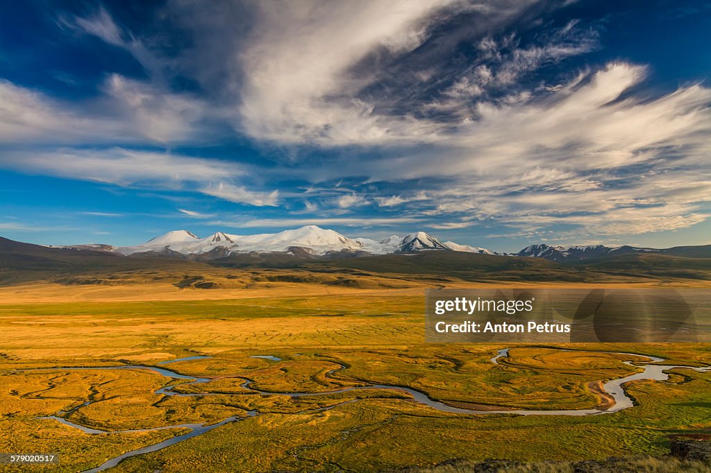 Scenic view on the Ukok Plateau. Altai mountains.