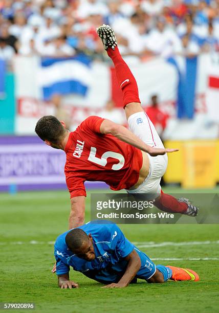 England Defender Gary Cahill heads the ball on top of Honduras Forward Jerry Bengtson during an international friendly world cup warm up soccer match...
