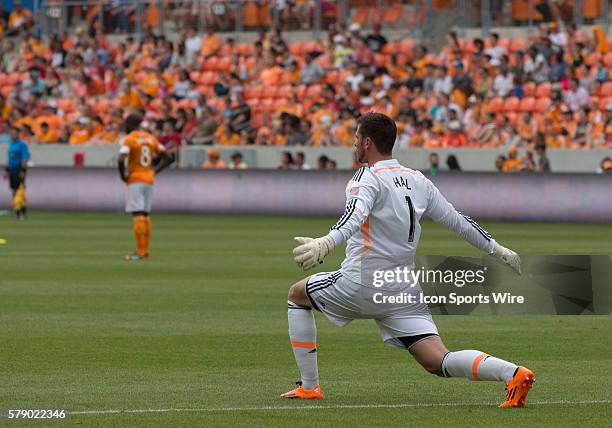 Houston Dynamo goalkeeper Tally Hall stretches during the MLS game Portland Timbers vs Houston Dynamo at the BBVA Compass Stadium in Houston, TX.