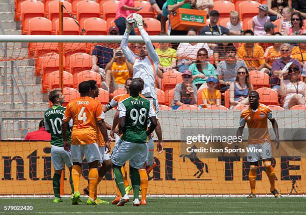 Houston Dynamo goalkeeper Tally Hall blocks a corner kick during the MLS game Portland Timbers vs Houston Dynamo at the BBVA Compass Stadium in...