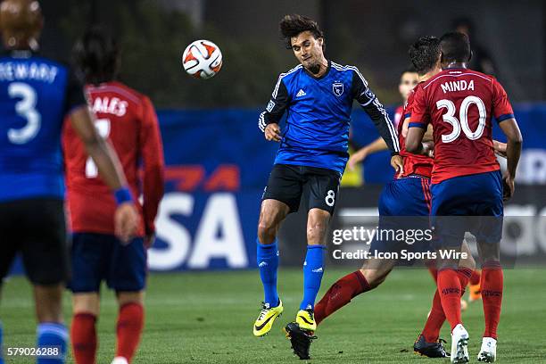 San Jose Earthquakes forward Chris Wondolowski head the ball away from Chivas USA midfielder Oswaldo Minda , during the game between the San Jose...