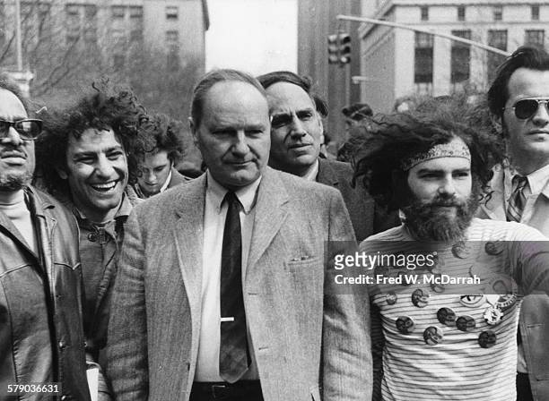 At a rally in support of the Black Panther Party, Abbie Hoffman , David Dellinger , William Kunstler , and Jerry Rubin gather outside the Federal...