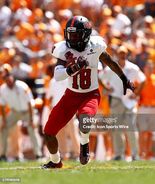 Arkansas State Red Wolves wide receiver Booker Mays in the open field during the second half of play. The Tennessee Volunteers defeated the Arkansas...