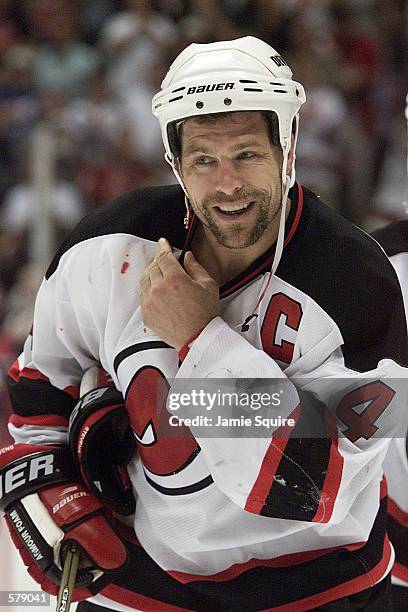 Scott Stevens of the New Jersey Devils leaves the ice during game 5 of the Western Conference Semifinals against the Toronto Maple Leafs at...