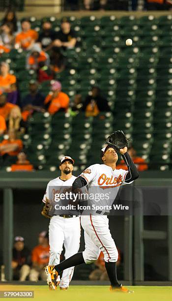 Baltimore Orioles third baseman Jonathan Schoop captures a pop fly during the second game in an Interleague Major League Baseball doubleheader...