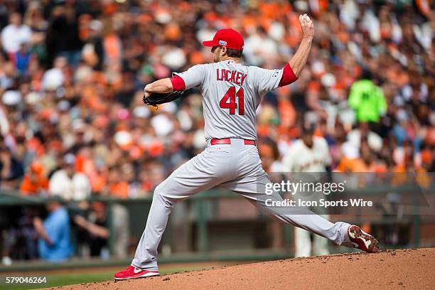 St. Louis Cardinals starting pitcher John Lackey pitching in the first inning, during game 3 of the National League Conference Series between the San...