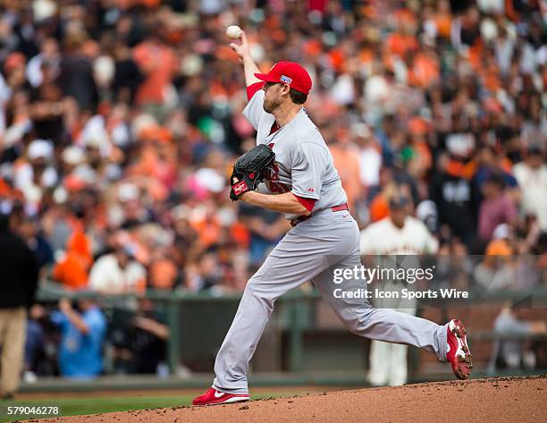 St. Louis Cardinals starting pitcher John Lackey pitching in the first inning, during game 3 of the National League Conference Series between the San...