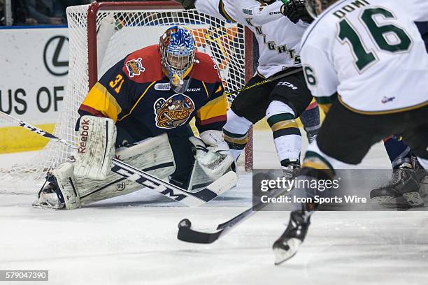 October 15, 2014. Erie Otters goalie Devin Williams follows the puck during a game between the London Knights and the Erie Otters played at Budweiser...