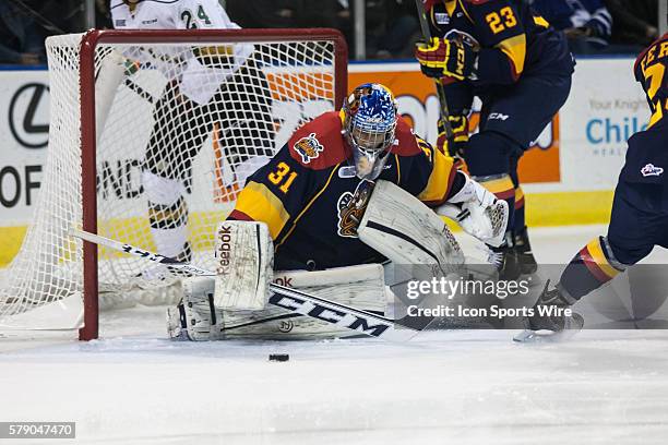 October 15, 2014. Erie Otters goalie Devin Williams follows the puck during a game between the London Knights and the Erie Otters played at Budweiser...