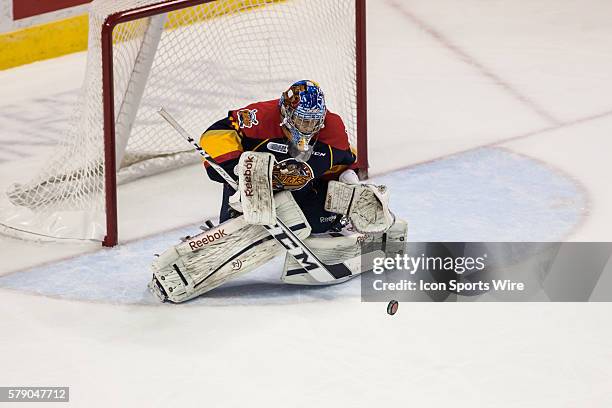 October 15, 2014. Erie Otters goalie Devin Williams prepares to make a save during a game between the London Knights and the Erie Otters played at...