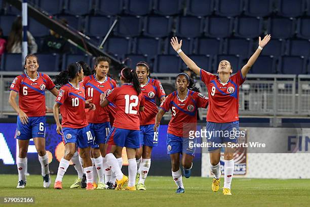 Carolina Venegas celebrates her goal with teammates. The Mexico Women's National Team played the Costa Rica Women's National Team at Sporting Park in...