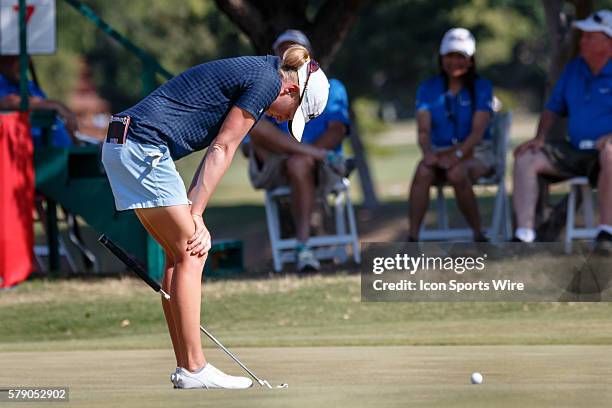 Stacy Lewis reacts after missing her birdie putt on during the third round of the North Texas LPGA Shootout played at the Las Colinas Country Club in...