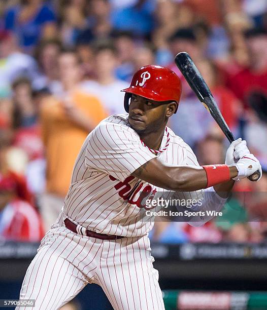 Philadelphia Phillies left fielder Domonic Brown at bat during a Major League Baseball game between the Philadelphia Phillies and the Chicago Cubs at...