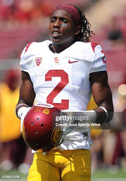 Trojans wide receiver Adoree Jackson takes a breather during warm ups before the start of a NCAA football game between the University of Southern...