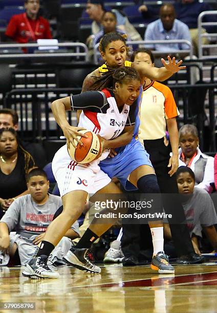 Courtney Clements of the Chicago Sky defends against Tierra Ruffin-Pratt of the Washington Mystics during a WNBA game at Verizon Center, in...