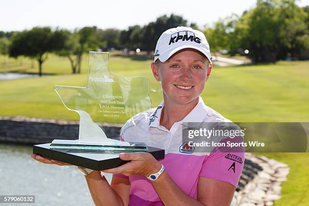 Stacy Lewis holds the winner's trophy after the final round of the North Texas LPGA Shootout played at the Las Colinas Country Club in Irving, TX....