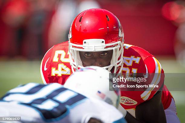 Kansas City Chiefs defensive back Kelcie McCray stares at his opponent on the line during the NFL game between the Tennessee Titans and the Kansas...