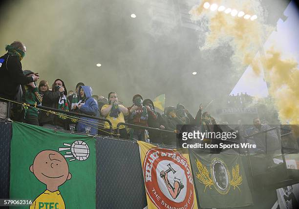 May 03, 2014 - The Timbers Army celebrate a first-half goal during a Major League Soccer game between the Portland Timbers and DC United at...