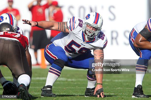 Doug Legursky of the Bills signals the line during the NFL regular season game between the Buffalo Bills and the Tampa Bay Buccaneers at Raymond...