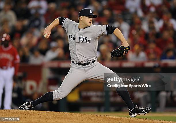 New York Yankees pitcher Shawn Kelley in action during a game against the Los Angeles Angels of Anaheim played at Angel Stadium of Anaheim.