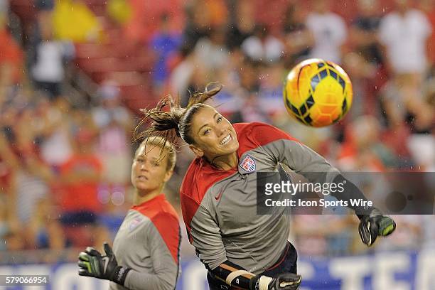 Tampa, Florida, USA, Hope Solo of the USA warming up before USA v France friendly International soccer match at the Raymond James Stadium in Tampa,...