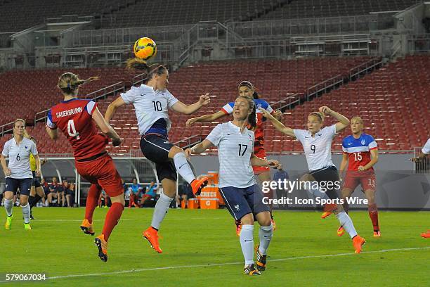 Tampa, Florida, USA, Camille Abily of France, Becky Sauerbrunn of the USA going up for the header during USA v France friendly International soccer...