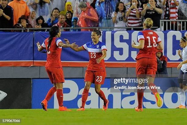 Tampa, Florida, USA, Sydney Leroux of the USA celebrates her goal with Christen Press#23 of the USA during USA v France friendly International soccer...