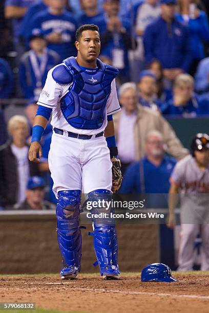 Kansas City Royals catcher Salvador Perez during the MLB World Series Game 2 between the San Francisco Giants and the Kansas City Royals at Kauffman...