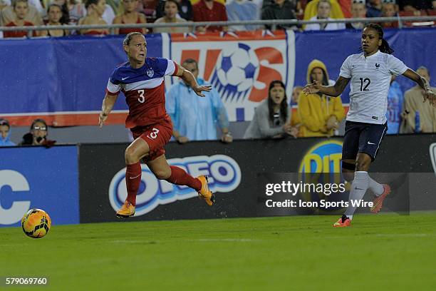 Tampa, Florida, USA, Christie Rampone of the USA , Elodie Thomis of France during USA v France friendly International soccer match at the Raymond...