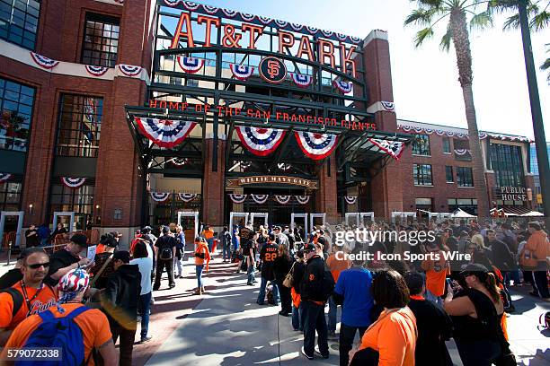 Fans wait at the gates for admission, before game three of the World Series between the San Francisco Giants and the Kansas City Royals at AT&T Park...