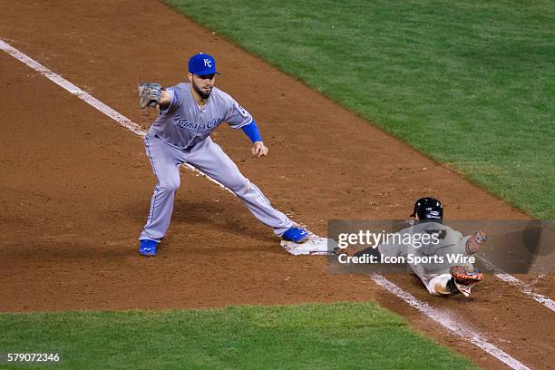 San Francisco Giants center fielder Gregor Blanco dives too late to first base, as Kansas City Royals first baseman Eric Hosmer tags him, during game...