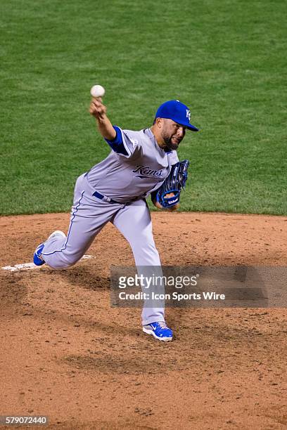 Kansas City Royals relief pitcher Kelvin Herrera pitching in the 6th inning, during game three of the World Series between the San Francisco Giants...