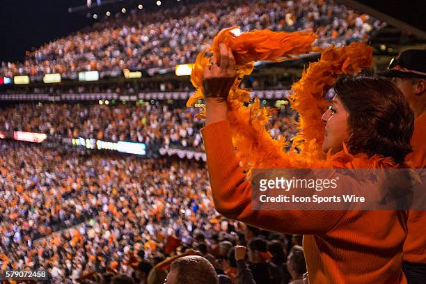 Fan cheers during game three of the World Series between the San Francisco Giants and the Kansas City Royals at AT&T Park in San Francisco,...
