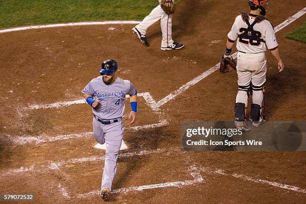 Kansas City Royals left fielder Alex Gordon scores on a one-run single by Kansas City Royals first baseman Eric Hosmer in the 6th inning, during game...