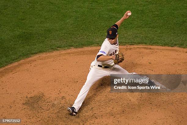 San Francisco Giants relief pitcher Javier Lopez pitching in the 6th inning, during game three of the World Series between the San Francisco Giants...