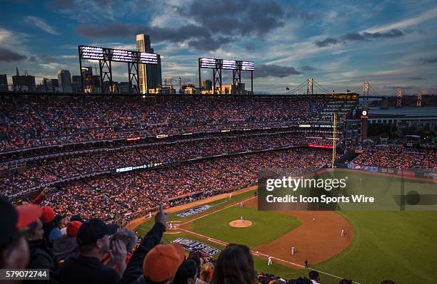 General view of the stadium with the San Francisco skyline near sunset, during game three of the World Series between the San Francisco Giants and...