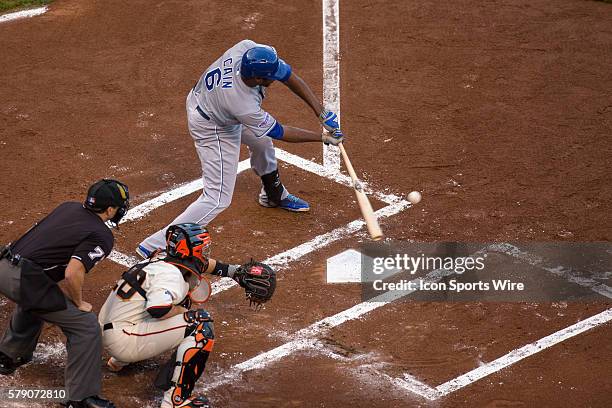 Kansas City Royals center fielder Lorenzo Cain at bat hand connecting with the ball for an RBI , in the first inning during game three of the World...