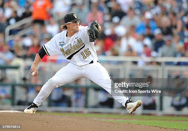 The Commodores Carson Fulmer throws during the College World Series game between the Vanderbilt Commodores and the Louisville Cardinals at TD...