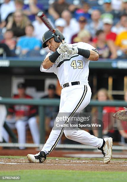 Commodore infielder Zander Wiel swings during the College World Series game between the Vanderbilt Commodores and the Louisville Cardinals at TD...