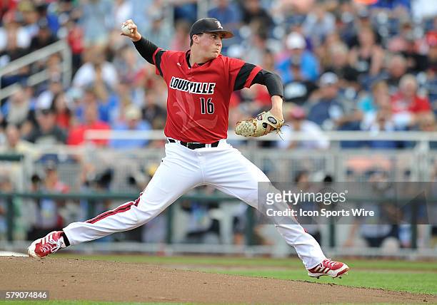Cardinal pitcher Kyle Funkhouser throws during the College World Series game between the Vanderbilt Commodores and the Louisville Cardinals at TD...