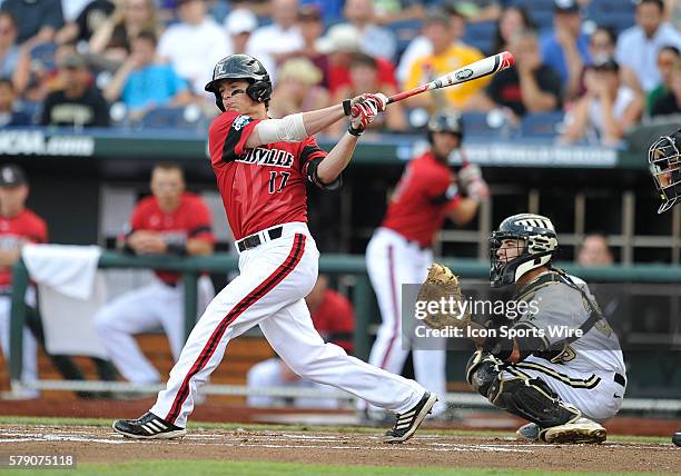 Louisville's Nick Solak swings during the College World Series game between the Vanderbilt Commodores and the Louisville Cardinals at TD Ameritrade...