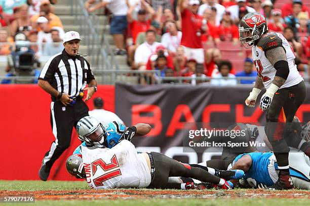 Greg Hardy of the Panthers brings down Buccaneers quarterback Josh McCown during the regular season play between the Carolina Panthers and the Tampa...