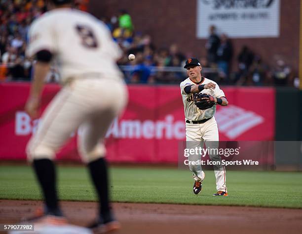 San Francisco Giants second baseman Joe Panik throws to San Francisco Giants first baseman Brandon Belt for the out at first abe, during game 4 of...