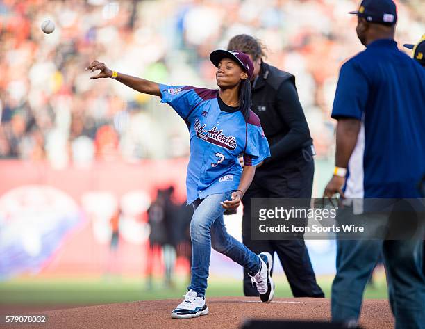 Mo'Ne Davis throws out the first pitch, before game 4 of the World Series between the San Francisco Giants and the Kansas City Royals at AT&T Park in...