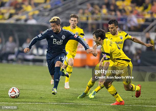 Erik Hurtado of the Vancouver Whitecaps FC dribbles the ball during the game between the Vancouver Whitecaps FC and the Columbus Crew at Crew Stadium...