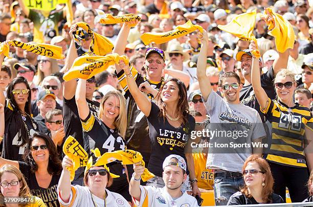 Faithful Steeler fans wave their terrible towels during the Cleveland Browns game versus the Pittsburgh Steelers. Pittsburgh beat Cleveland 30-27 at...