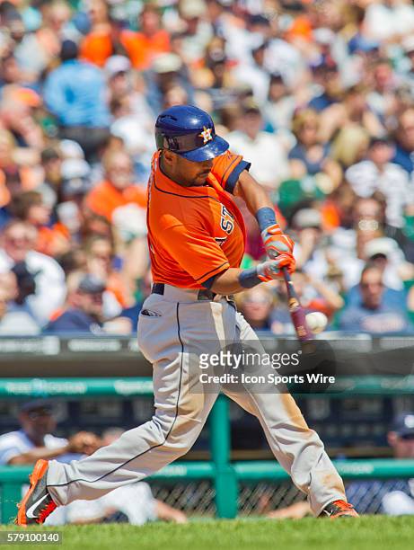 Houston Astros left fielder L.J. Hoes swings at bat during the Houston Astros at Detroit Tigers Major League Baseball game at Comerica Park, in...