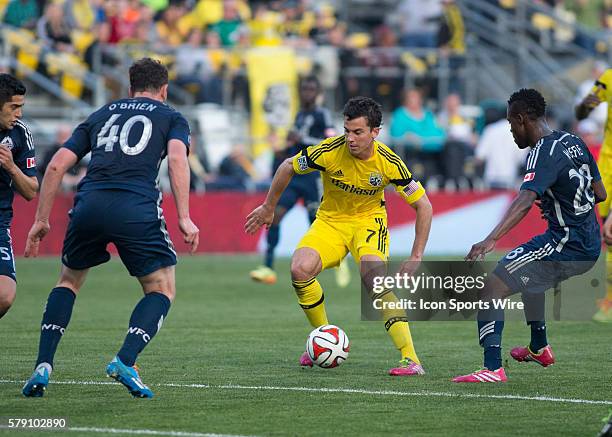 Bernardo Anor of the Columbus Crew controls the ball during the game between the Vancouver Whitecaps FC and the Columbus Crew at Crew Stadium in...