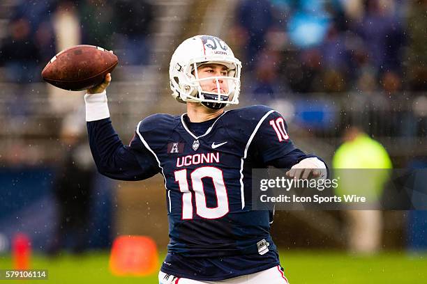 Uconn Huskies Quarterback Chandler Whitmer passes down field during an American Athletic Conference football game between the University of Central...