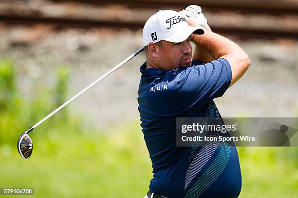 Brian Davis tees off on 14 during the final round of the Travelers Championship at TPC River Highlands in Cromwell, CT.